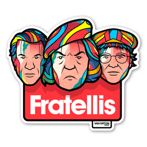 Pegatina de tres hermanos, los Fratellis. Diseñada por Van Orton.