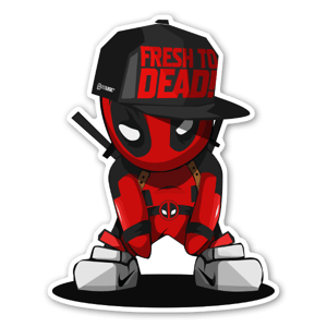 Pegatina de Deadpool cuando era pequeño, con una gorra que lleva la frase "fresh to dead!"