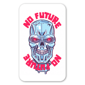 Calavera robótica con la frase "no future" alrededor.