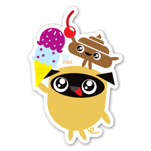 Pegatina de Pug, con Poo en la cabeza y un helado de dos bolas.