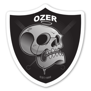 Pegatina de Ozer Raiders con una calavera en el centro.