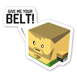 Pegatina de una figura de Minecraft con el texto "Give me your belt!".