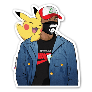 Pegatina de un Ash un poco distinto al qu estamos acostumbrados. Eso sí, Pikachu sigue siendo su compañero inseparable.