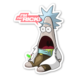 Pegatina de un dibujo que fusiona Patricio (de Bob Esponja) y Rick (de Rick y Morty).