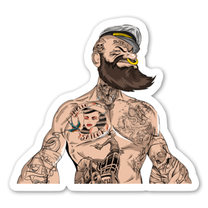 Pegatina de una ilustración personalizada de Popeye, con barba y tatuajes. Impresa en gran calidad.