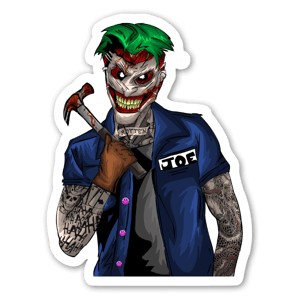 Pegatina de una ilustración personalizada del Joker "The New 52". Esta versión del Joker lleva barba y tatuajes.