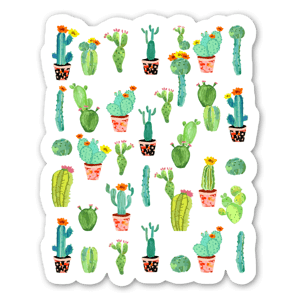 Pegatina con ilustraciones de muchos cactus distintos.