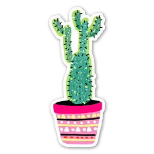 Pegatina de un cactus con una maceta de estampado étnico en tonos rosas.