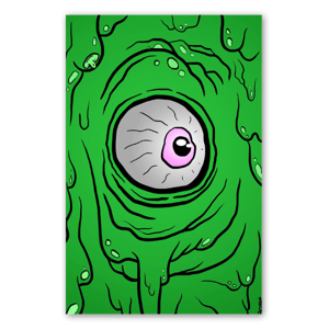 Dibujo de un ojo de un zombie verde que se va derritiendo poco a poco.