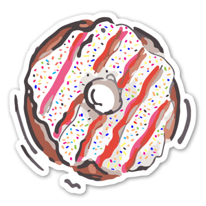 Pegatina de un donut con sprinkles de colores y mermelada de fresa.