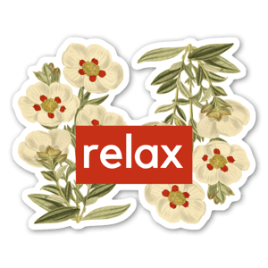 Pegatina con flores blancas y la palabra "relax" sobre fondo rojo.