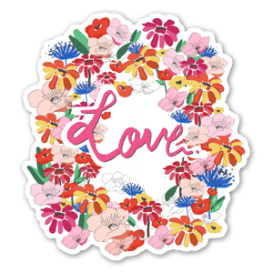 Pegatina de una corona de flores en tonos rosas con la palabra 'love' también en rosa.