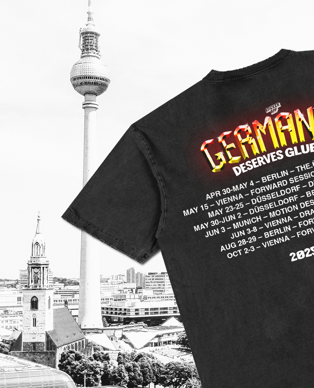 La torre de televisión de Berlín y una camiseta negra de la gira "Germany Deserves Glue" con las fechas de 2025, versión móvil