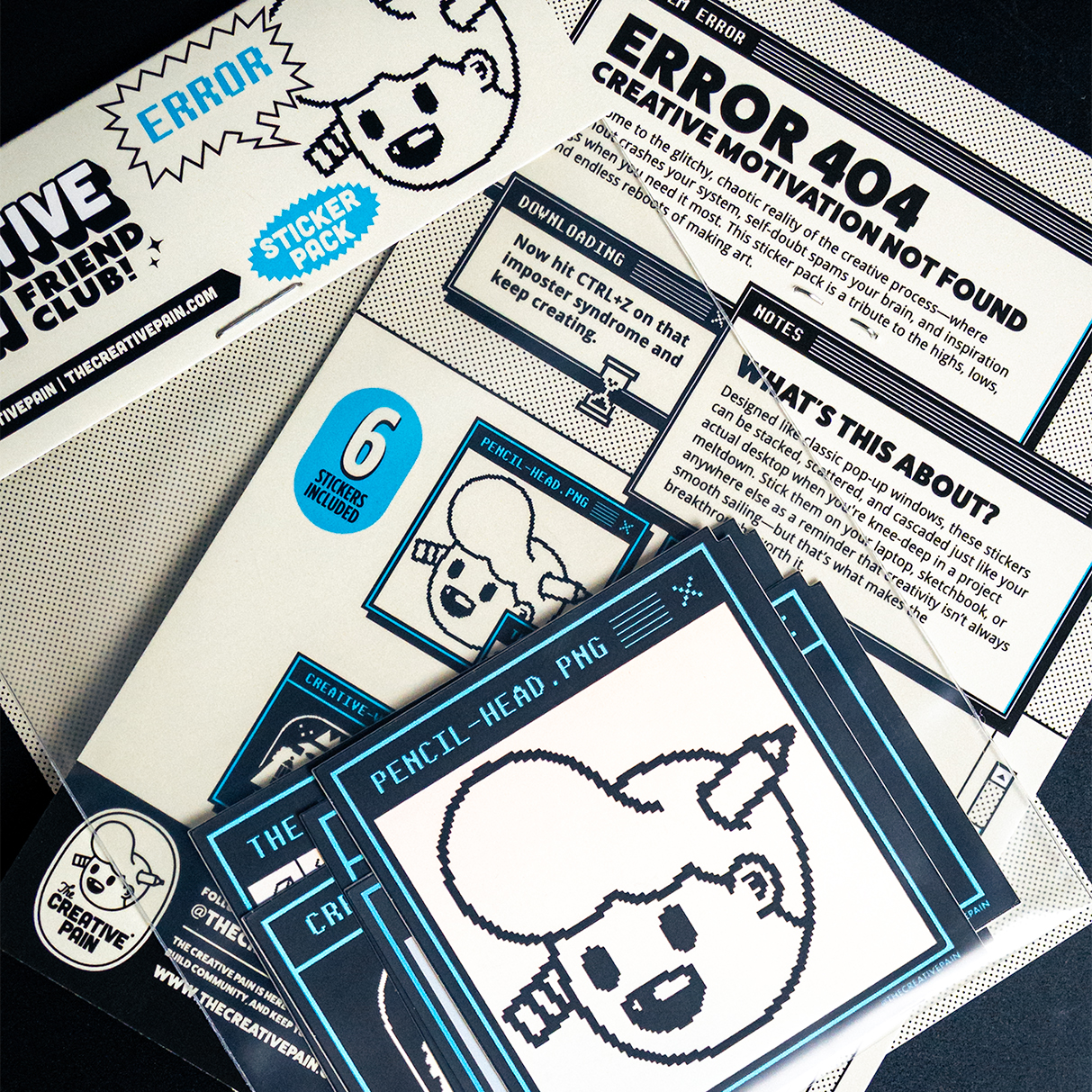 A collection of black and white sticker packs featuring a cartoon character and humorous text about creativity and motivation.