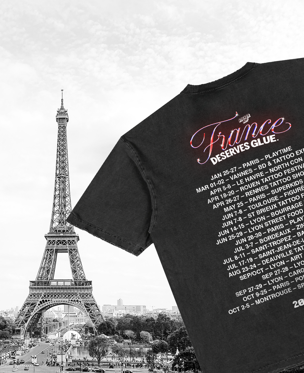 Torre Eiffel junto a una camiseta negra de la gira "France Deserves Glue" con las fechas de 2025, versión móvil