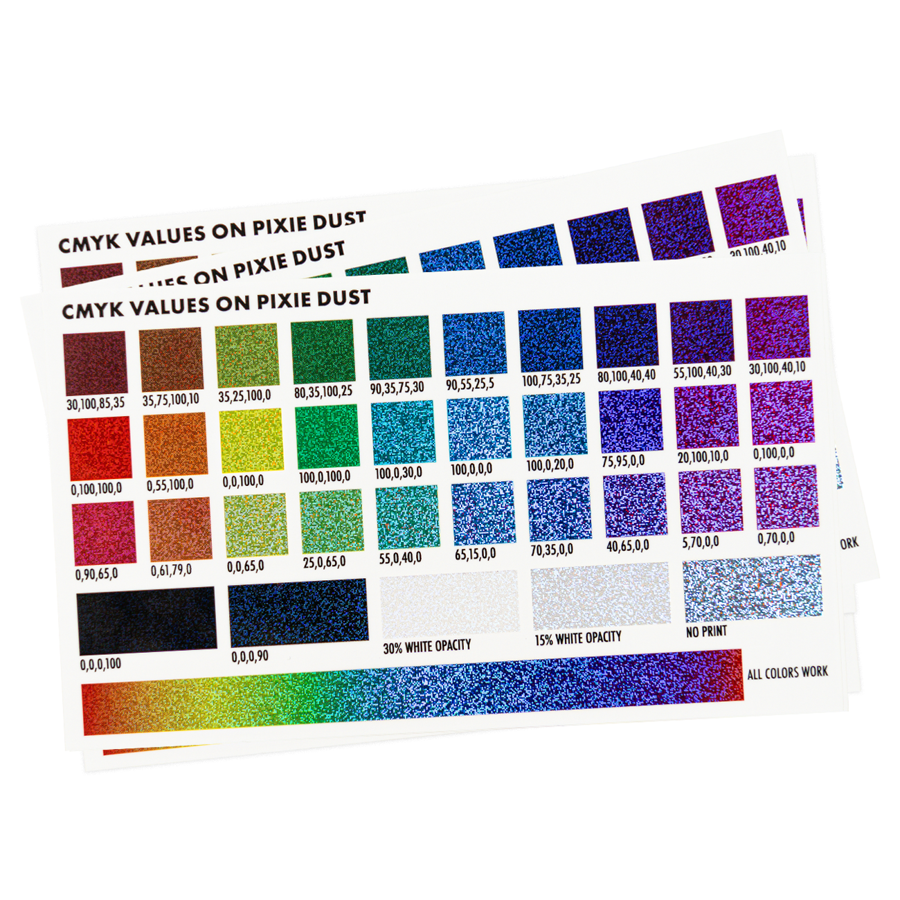 CMYK color charts in Pixie Dust material showing opacities and colors printed on the material