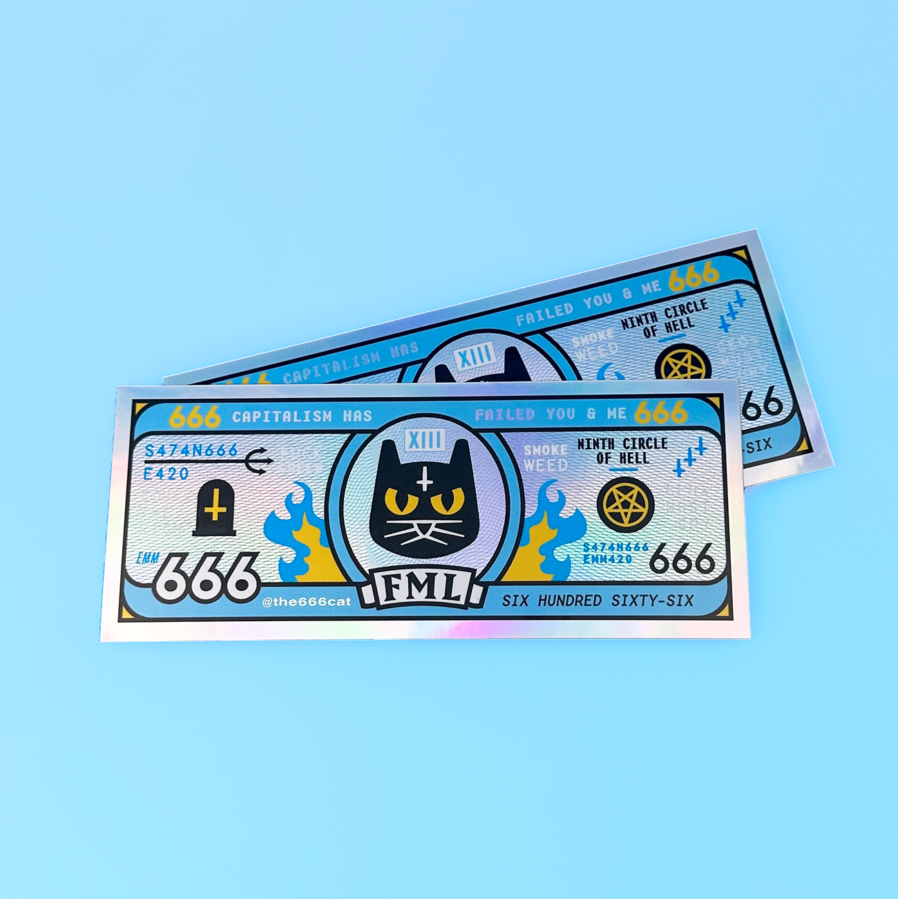 two matte notes with the text 666 and a cat on holographic material
