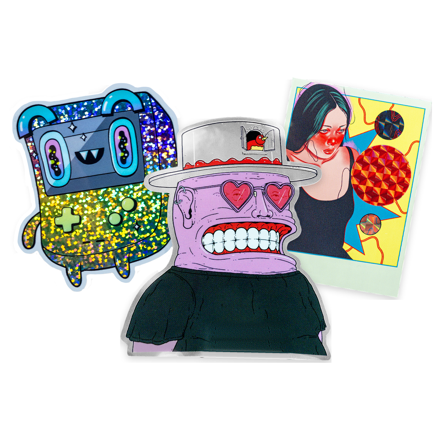 Pegatinas personalizadas con purpurina, espejo y acabado prismático: un personaje de consola de videojuegos, un hombre sonriente con gafas de sol de corazón y el retrato de una mujer con pelo verde azulado