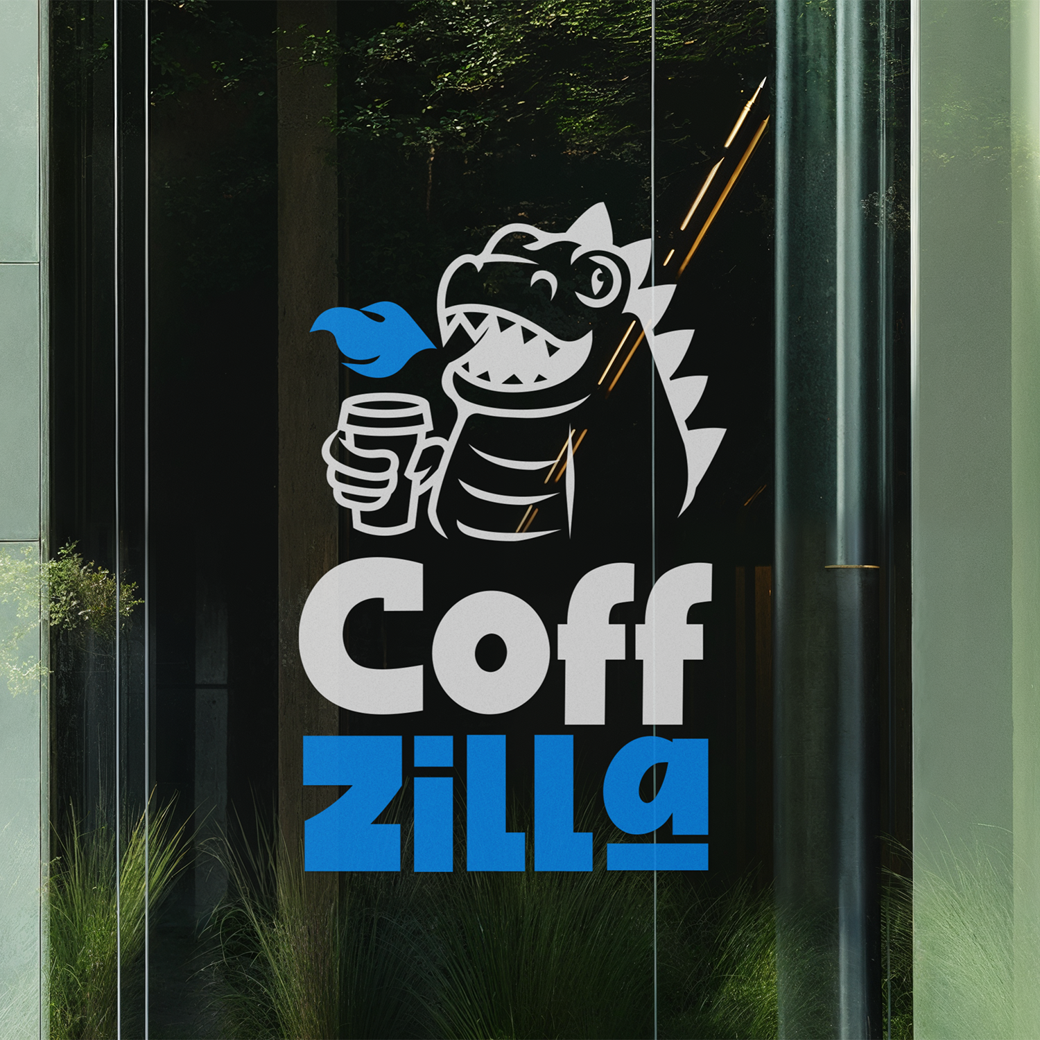 Transferencia de vinilo de "CoffZilla" con un dragón de dibujos animados sosteniendo una taza de café, con texto estilizado azul y blanco en una superficie de vidrio.