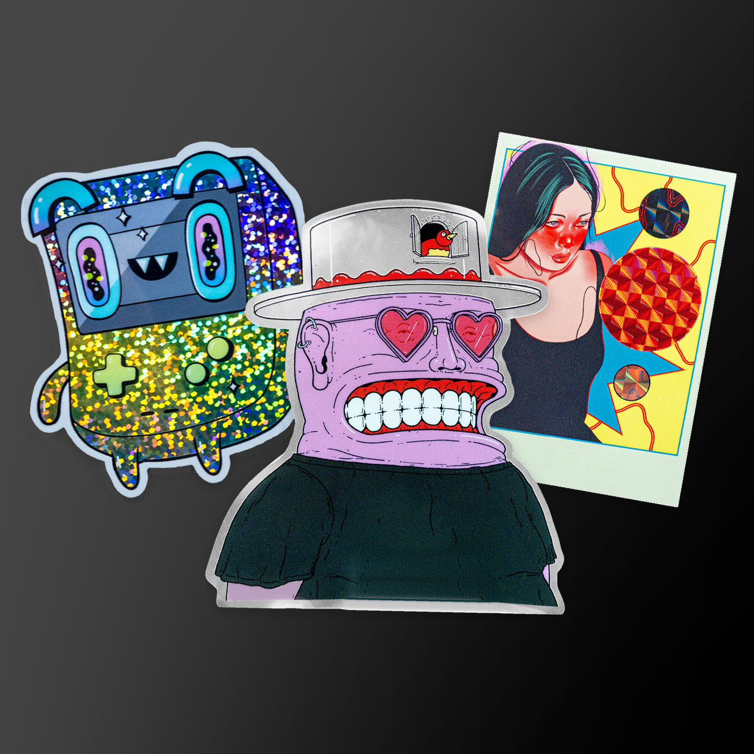 Pegatinas personalizadas con purpurina, espejo y acabado prismático: un personaje de consola de videojuegos, un hombre sonriente con gafas de sol de corazón y el retrato de una mujer con pelo verde azulado
