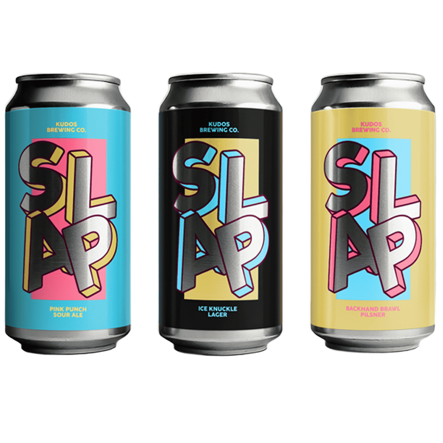 Tres latas de cerveza con etiquetas personalizadas para las cervezas SLAP de Kudos Brewing Co., con letras llamativas en acabado plateado metalizado