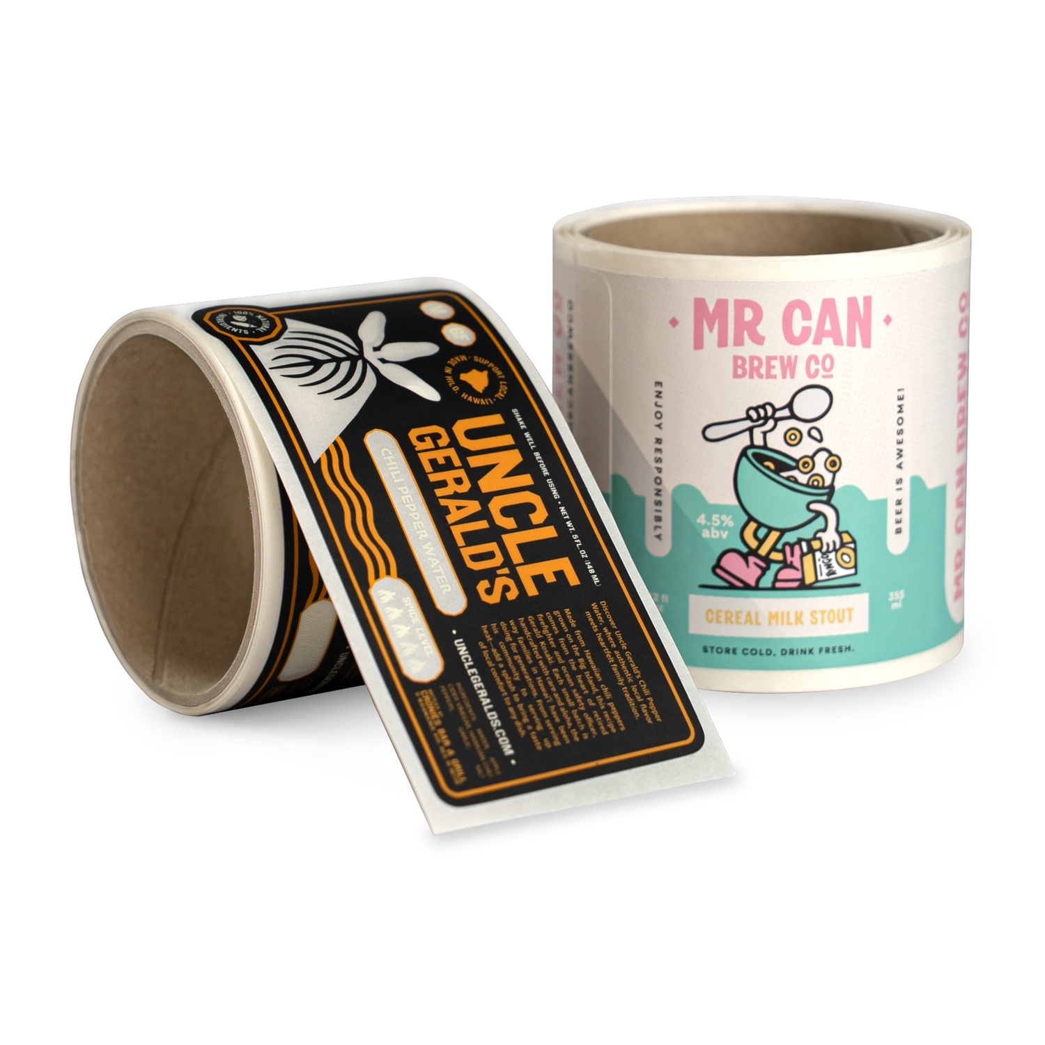 Dos rollos de etiquetas personalizadas: una etiqueta de agua de chile "Uncle Gerald's" y una etiqueta de cerveza cereal milk stout de "Mr Can Brew Co"