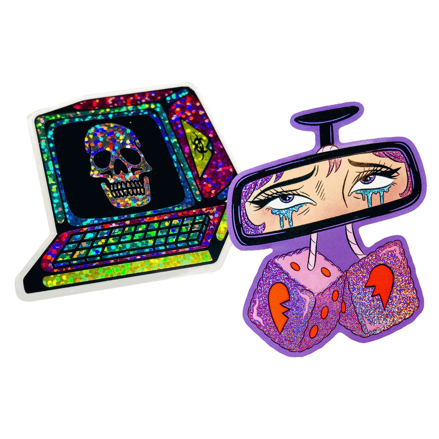 Pegatina troquelada de purpurina de un ordenador retro con una calavera en la pantalla, junto a una pegatina troquelada en Pixie Dust de un retrovisor con ojos llorosos y dados de peluche