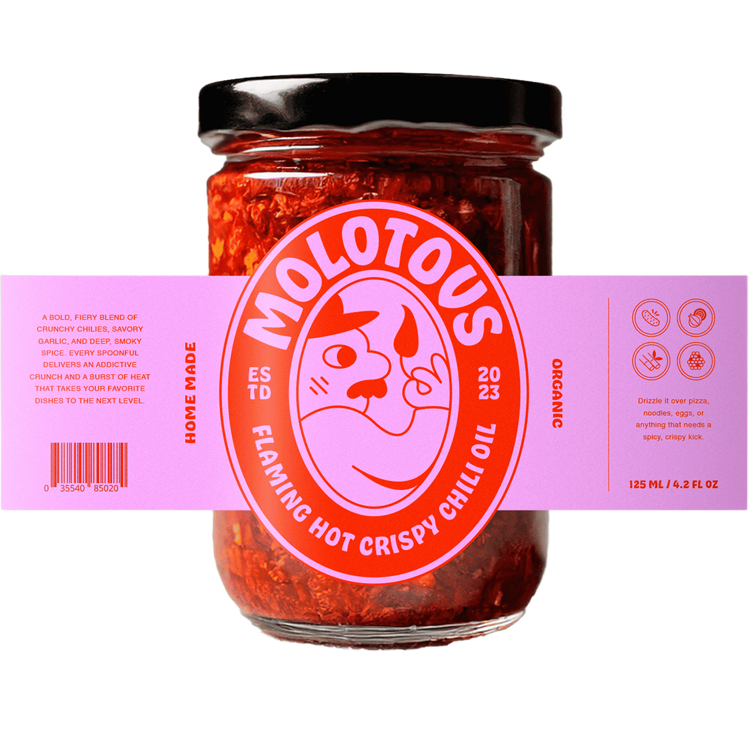 Tarro de cristal de Molotous Flaming Hot Crispy Chili Oil con una etiqueta personalizada envolvente en rosa y rojo