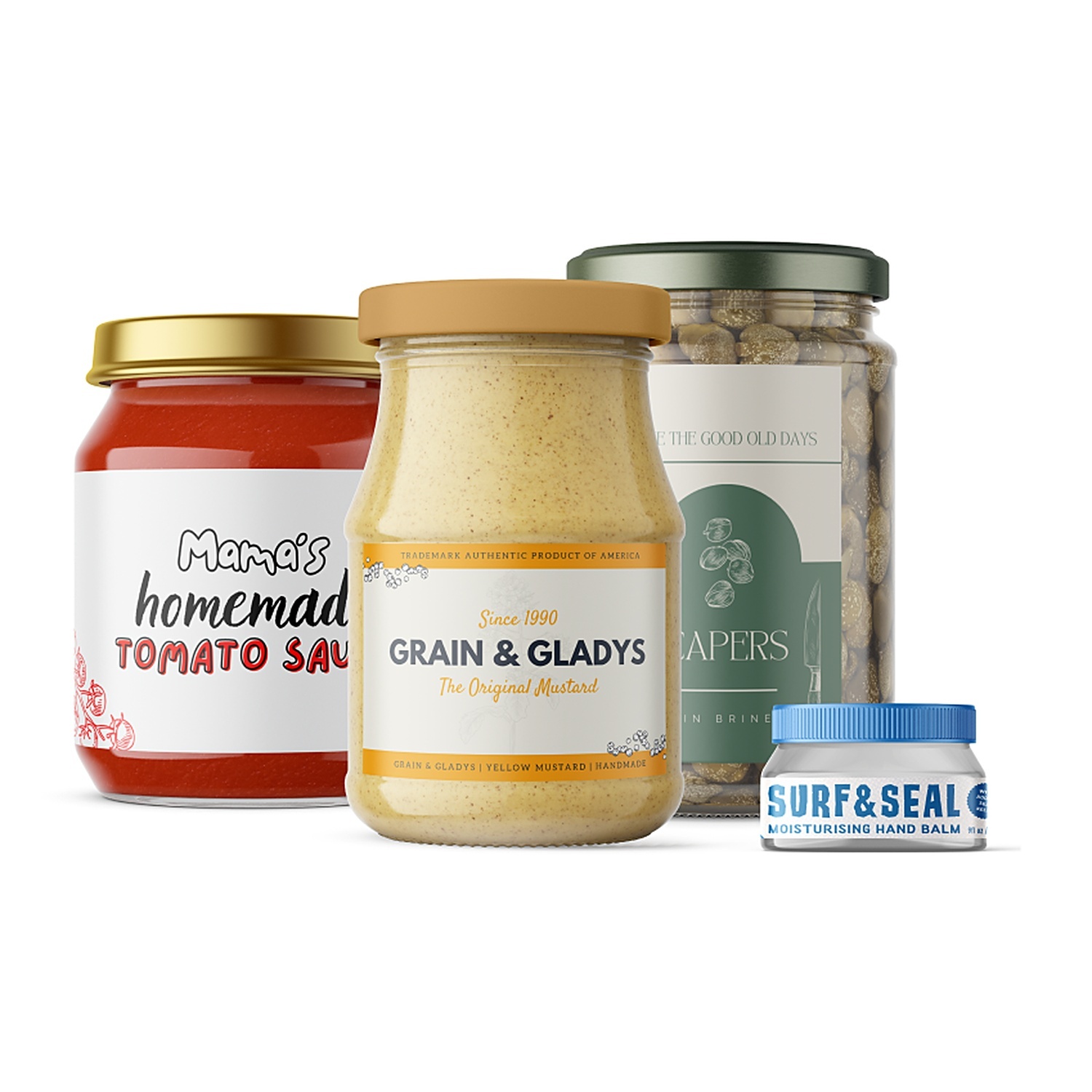 Etiquetas personalizadas en tarros: salsa de tomate "Mama's homemade", mostaza "Grain & Gladys", alcaparras y un bálsamo de manos "Surf & Seal"