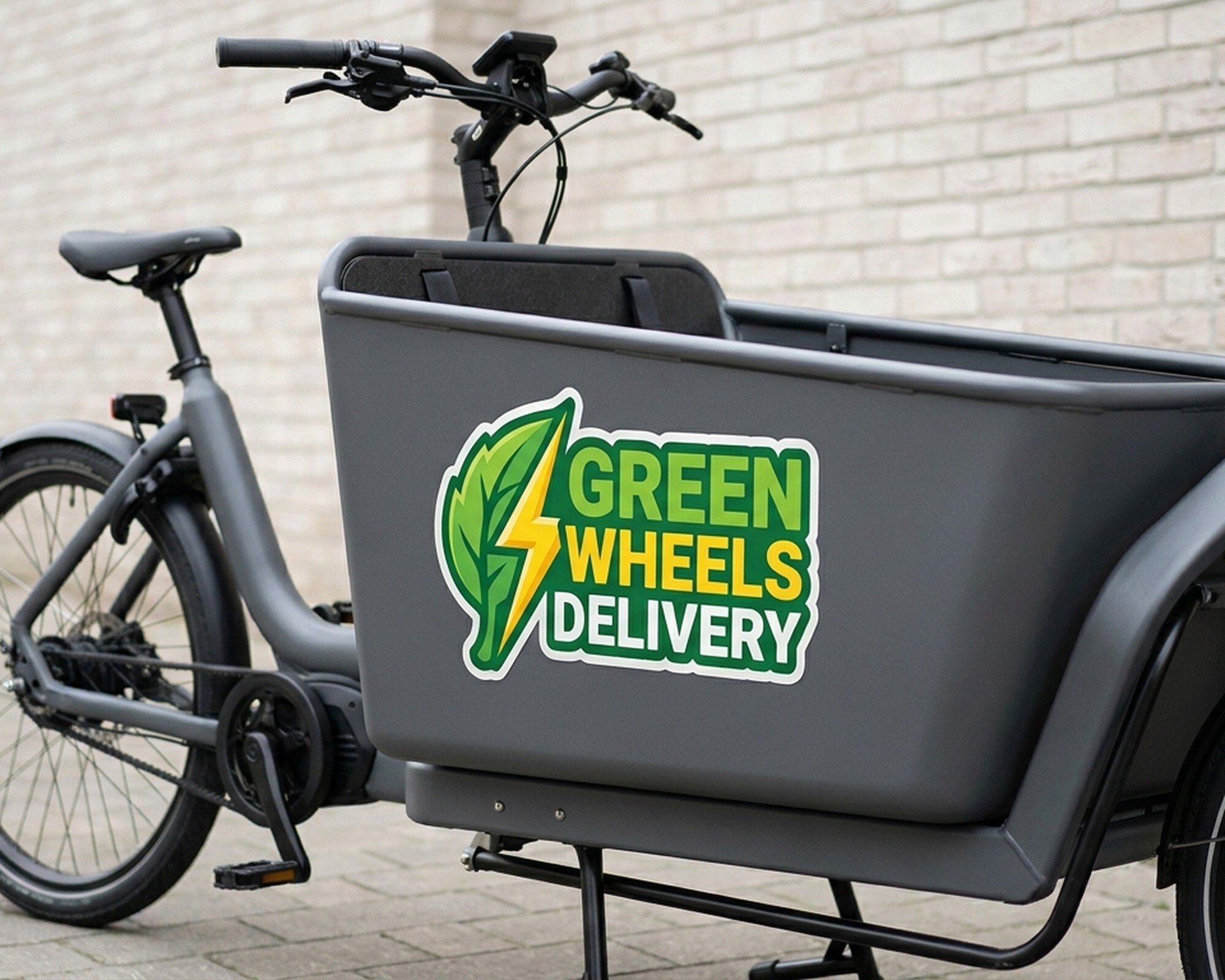 Calcomanía personalizada troquelada con un logotipo de hoja y rayo y el texto «Green Wheels Delivery» en la caja de una bicicleta de carga