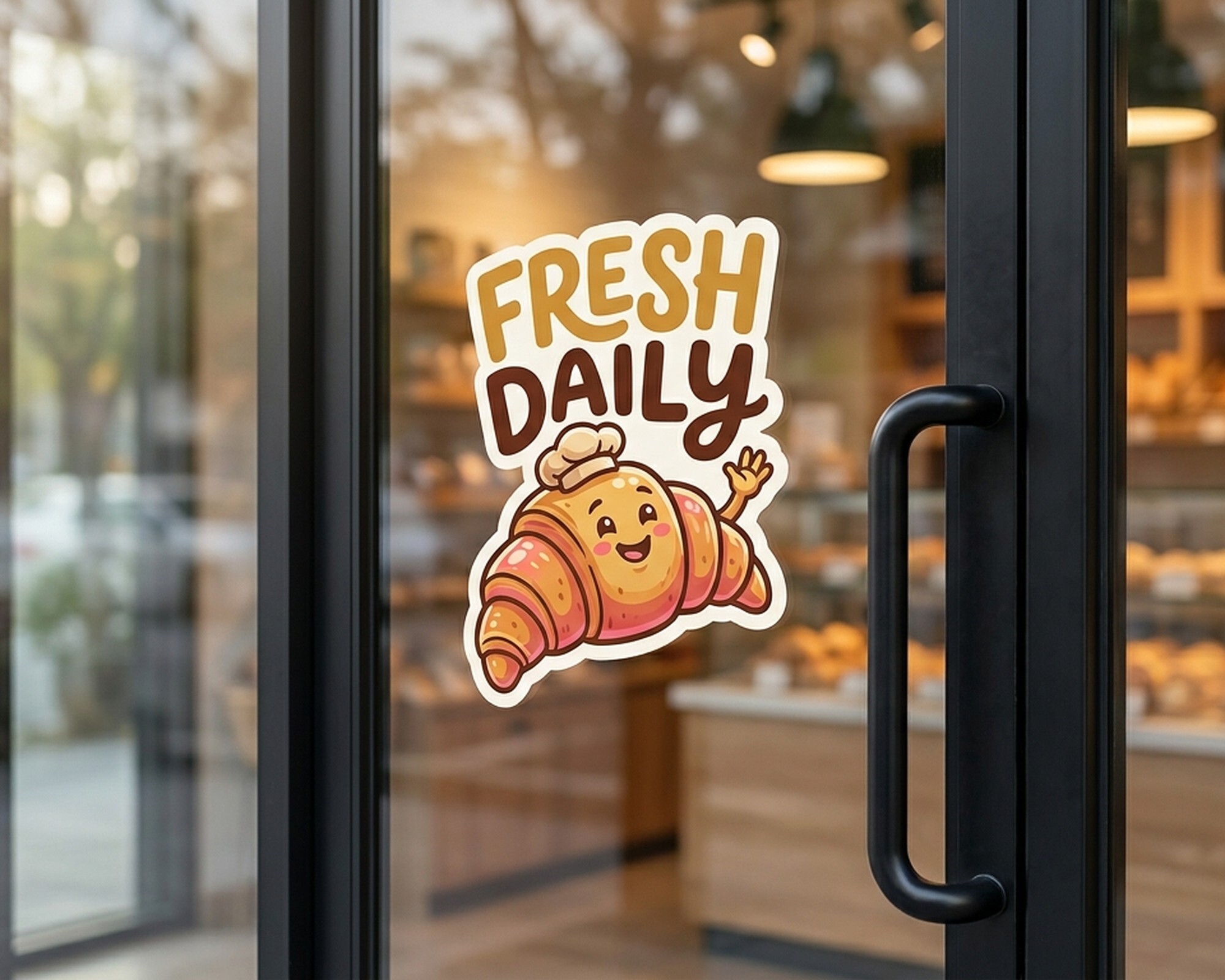 Calcomanía personalizada troquelada con un cruasán sonriente y el texto «Fresh Daily» en la puerta de cristal de una panadería