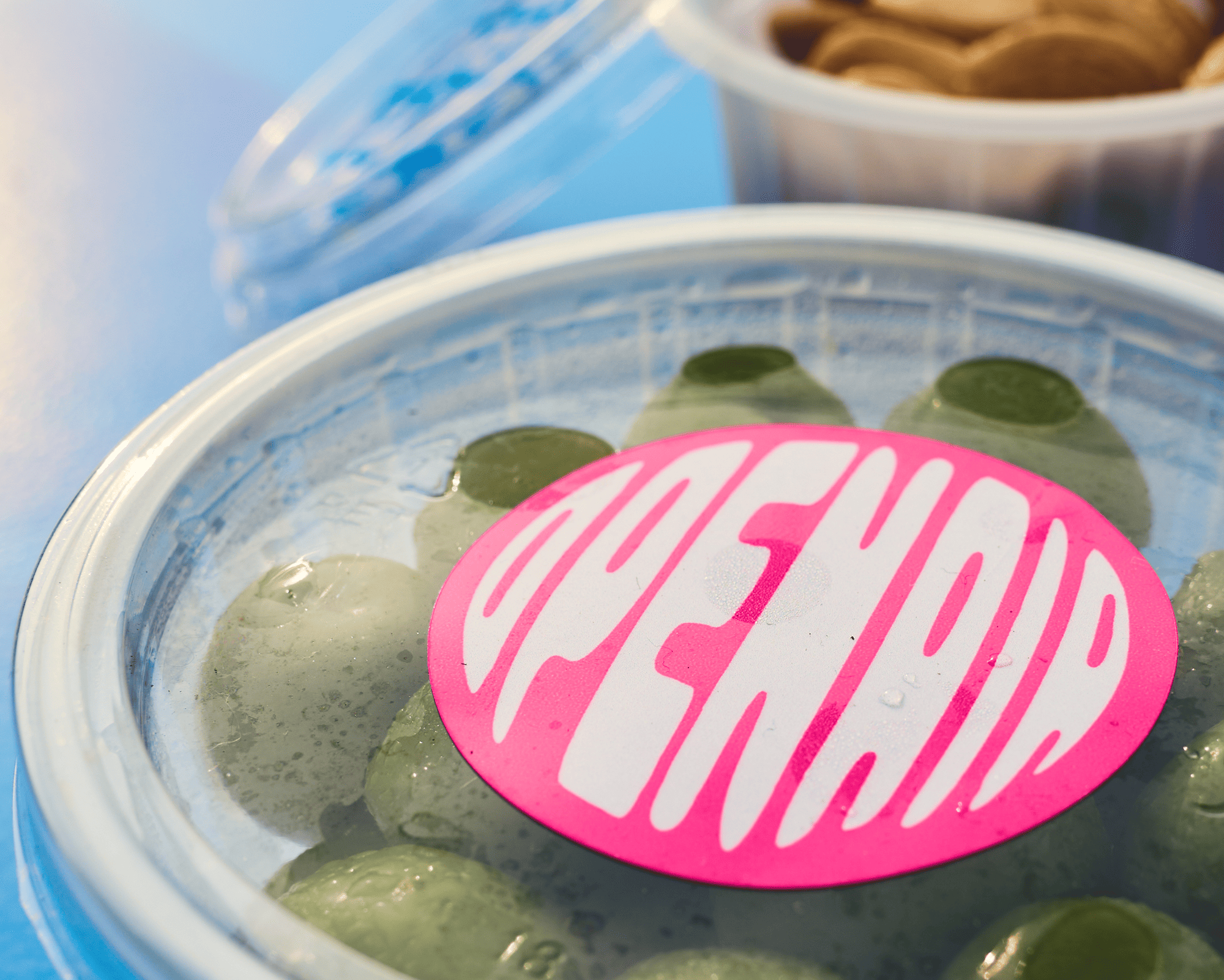 Round label on plastic container
