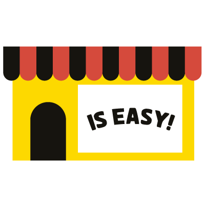 Fachada de tienda amarilla con toldo rojo y negro y un cartel "Is easy!", icono de Calcomanías