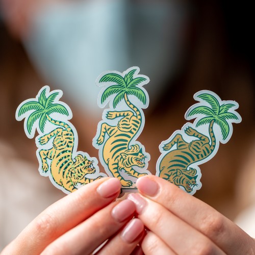 A woman holding a pair of tiger mirror stickers