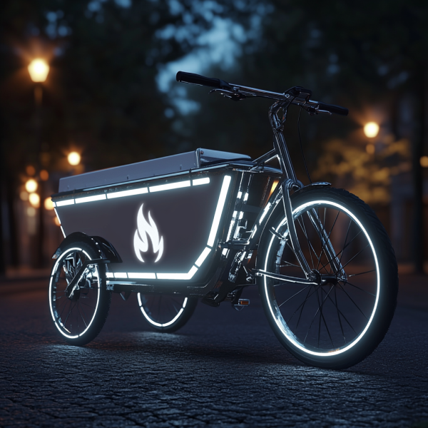 Cargo bike on concrete with lit up reflective stickers.