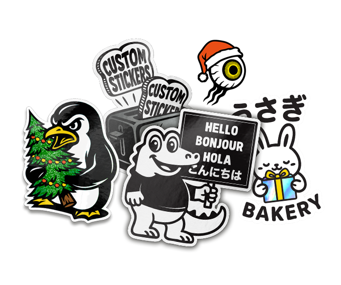 Collection of playful custom stickers featuring cartoon characters, including a penguin holding a Christmas tree, a smiling crocodile holding a multilingual ‘Hello’ sign, a bunny with a gift, a festive eyeball in a Santa hat, and bold ‘Custom Stickers’ designs, arranged together on a white background.