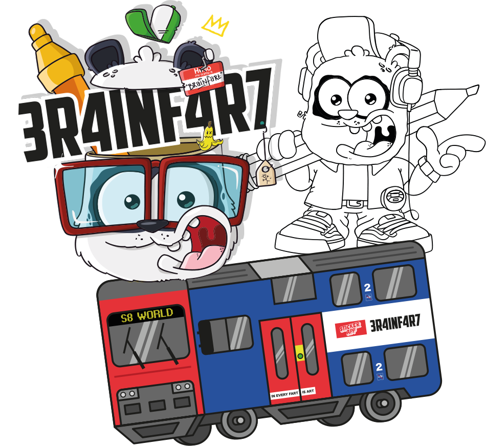 Ilustración Brainfart x StickerApp con el logo de 3R4INF4R7, dos personajes de dibujos animados y un tren de cercanías S8 World